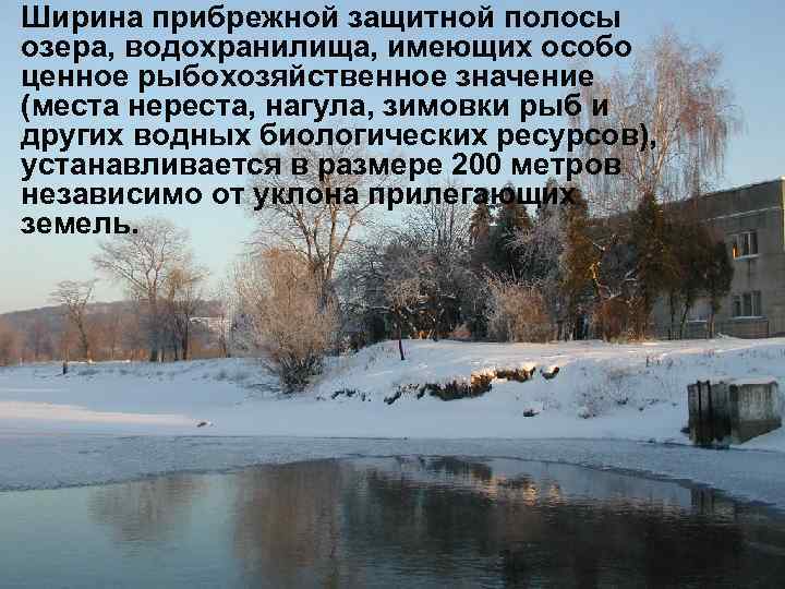Ширина прибрежной защитной полосы озера, водохранилища, имеющих особо ценное рыбохозяйственное значение (места нереста, нагула,