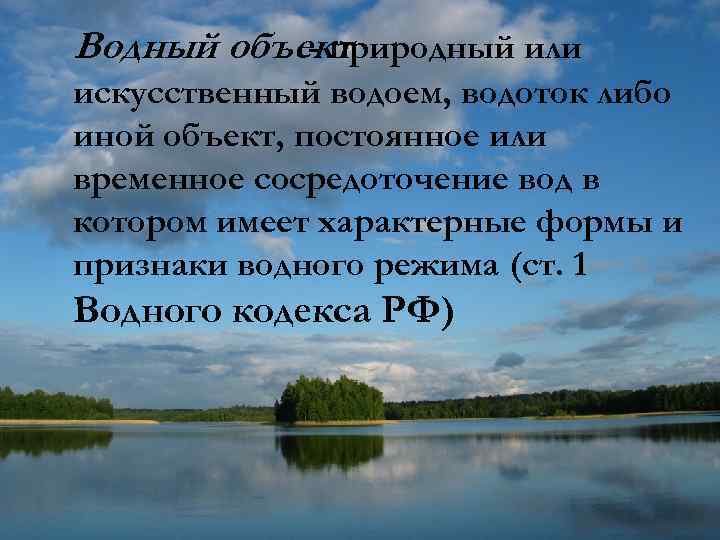 Водный объект - природный или искусственный водоем, водоток либо иной объект, постоянное или временное