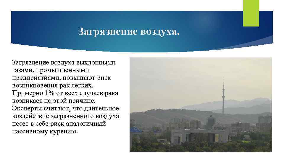 Загрязнение воздуха выхлопными газами, промышленными предприятиями, повышают риск возникновения рак легких. Примерно 1% от