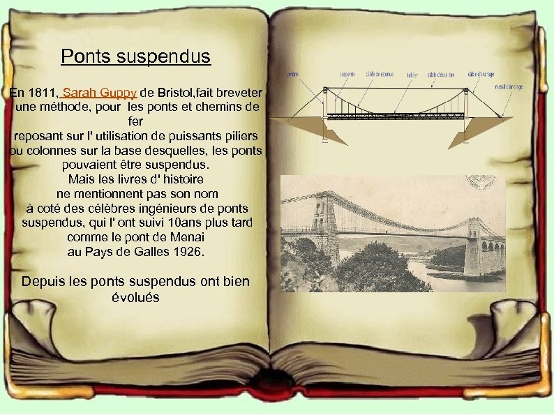 Ponts suspendus En 1811, Sarah Guppy de Bristol, fait breveter une méthode, pour les