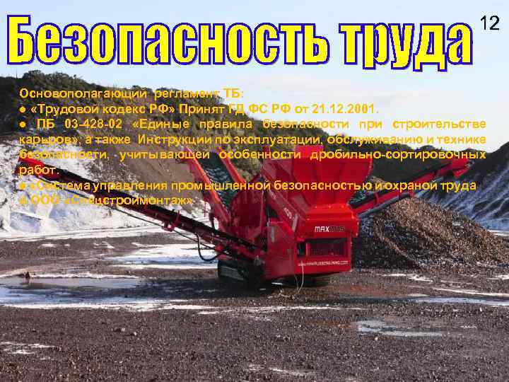 12 Основополагающий регламент ТБ: ● «Трудовой кодекс РФ» Принят ГД ФС РФ от 21.