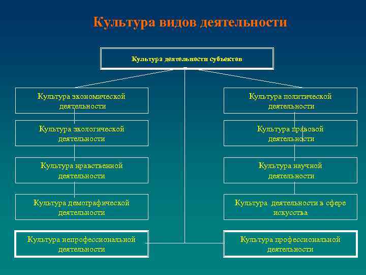 Культура видов деятельности Культура деятельности субъектов Культура экономической деятельности Культура политической деятельности Культура экологической