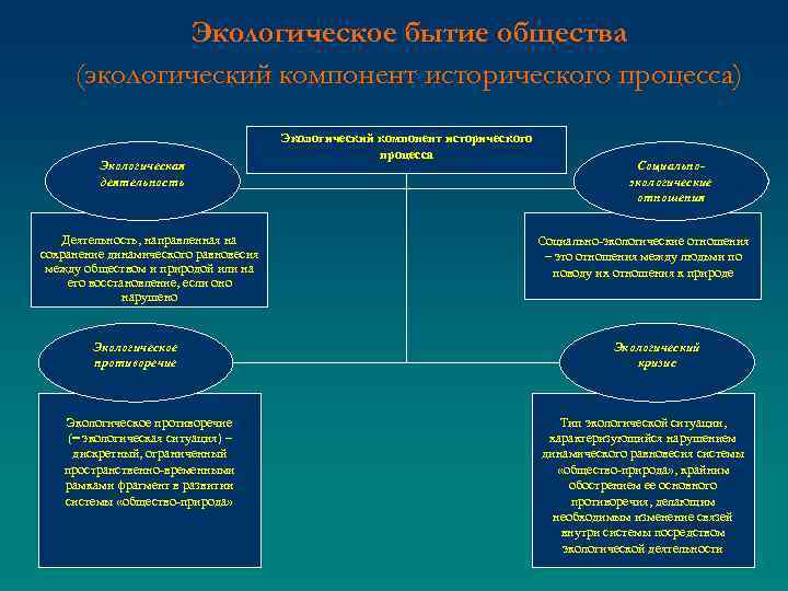 Экологическое бытие общества (экологический компонент исторического процесса) Экологическая деятельность Деятельность, направленная на сохранение динамического