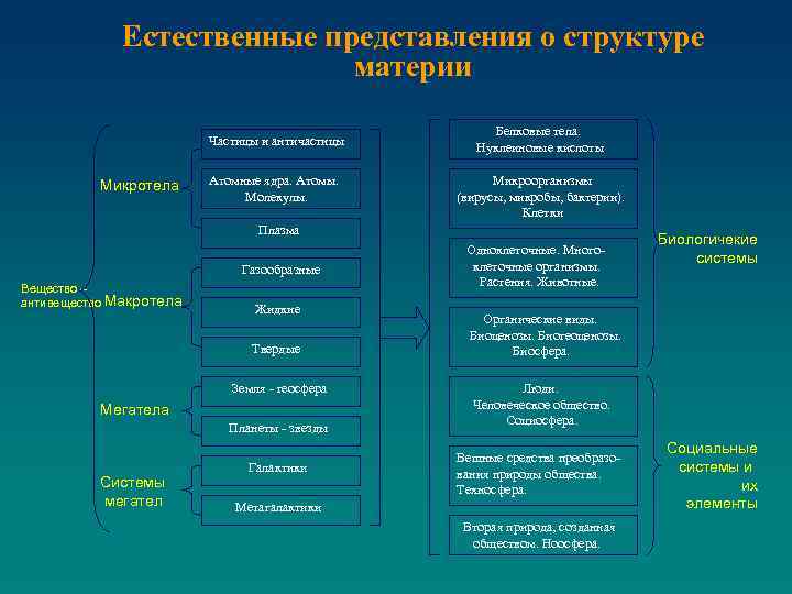 Естественные представления о структуре материи Частицы и античастицы Микротела Атомные ядра. Атомы. Молекулы. Белковые