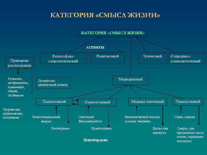 КАТЕГОРИЯ «СМЫСЛ ЖИЗНИ» АСПЕКТЫ Принципы рассмотрения Развитие, детерминизм, единичное, общее, особенное Философскосоциологический Экзистенциальный вакуум