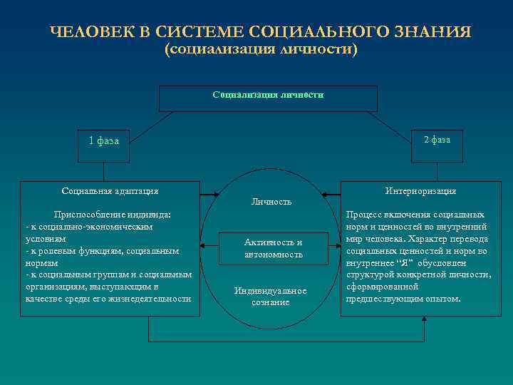 ЧЕЛОВЕК В СИСТЕМЕ СОЦИАЛЬНОГО ЗНАНИЯ (социализация личности) Социализация личности 2 фаза 1 фаза Социальная