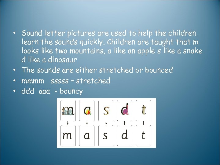  • Sound letter pictures are used to help the children learn the sounds