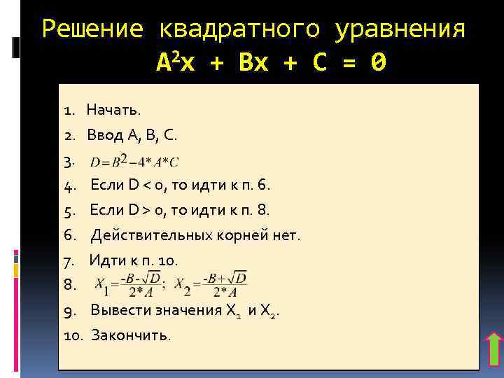 Решение квадратного уравнения A 2 x + Bx + C = 0 1. Начать.