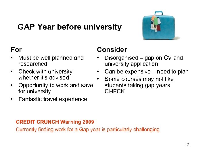 GAP Year before university For Consider • Must be well planned and • Disorganised