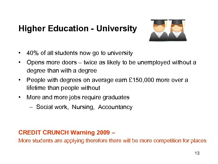 Higher Education - University • 40% of all students now go to university •