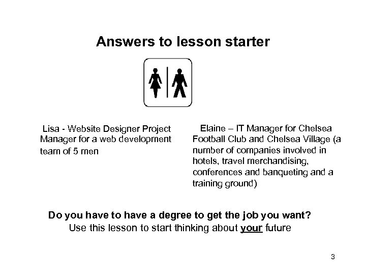  Answers to lesson starter Lisa - Website Designer Project Manager for a web