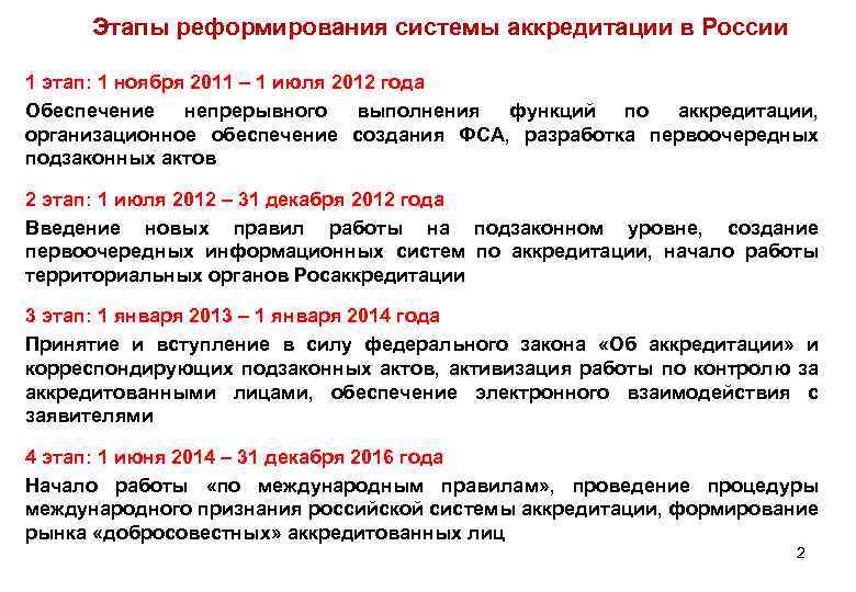 Этапы реформирования системы аккредитации в России 1 этап: 1 ноября 2011 – 1 июля