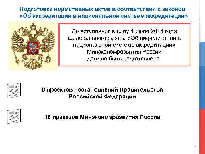Подготовка нормативных актов в соответствии с законом «Об аккредитации в национальной системе аккредитации» До