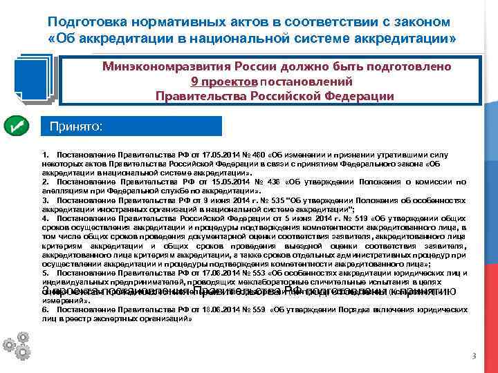 Подготовка нормативных актов в соответствии с законом «Об аккредитации в национальной системе аккредитации» Минэкономразвития