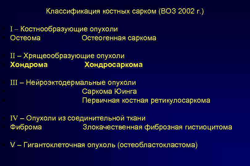 Классификация костных сарком (ВОЗ 2002 г. ) I – Костнообразующие опухоли Остеома Остеогенная саркома