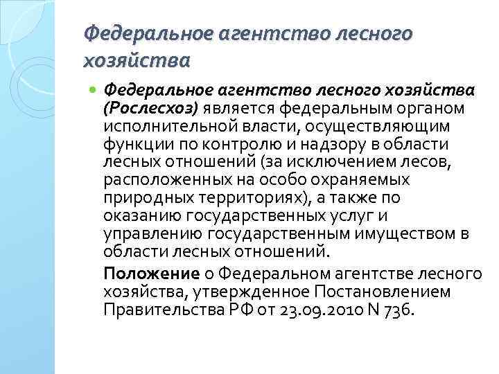 Федеральное агентство лесного хозяйства (Рослесхоз) является федеральным органом исполнительной власти, осуществляющим функции по контролю