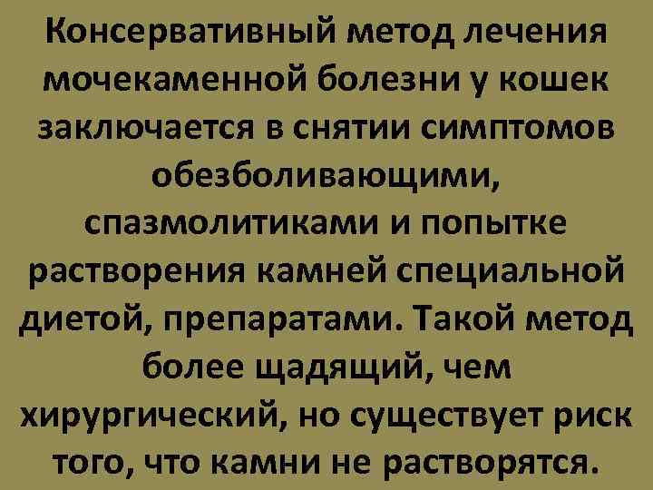 Консервативный метод лечения мочекаменной болезни у кошек заключается в снятии симптомов обезболивающими, спазмолитиками и