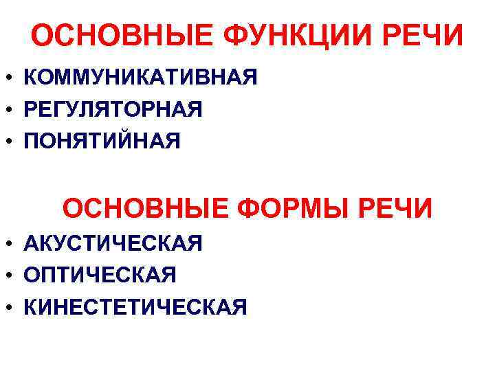 ОСНОВНЫЕ ФУНКЦИИ РЕЧИ • КОММУНИКАТИВНАЯ • РЕГУЛЯТОРНАЯ • ПОНЯТИЙНАЯ ОСНОВНЫЕ ФОРМЫ РЕЧИ • АКУСТИЧЕСКАЯ