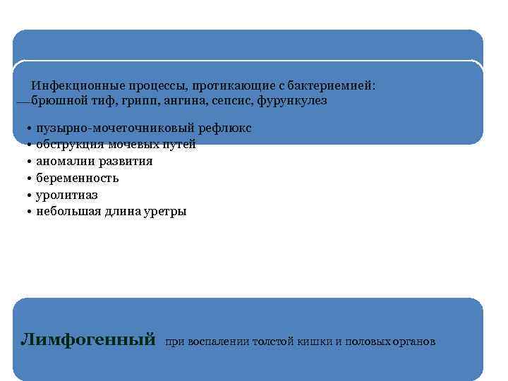 Гематогенный (3 -5%) Инфекционные процессы, протикающие с бактериемией: брюшной тиф, грипп, ангина, сепсис, фурункулез