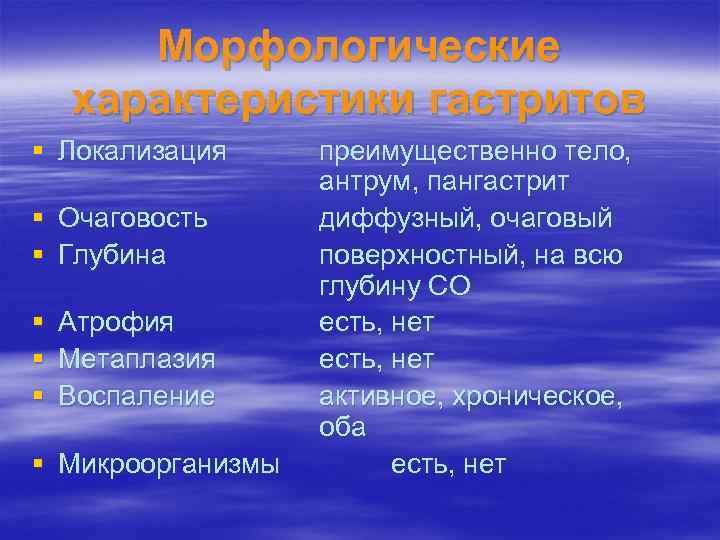 Морфологические характеристики гастритов § Локализация § Очаговость § Глубина § § § Атрофия Метаплазия