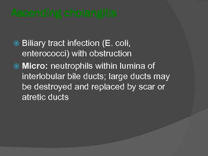 Ascending cholangitis Biliary tract infection (E. coli, enterococci) with obstruction Micro: neutrophils within lumina