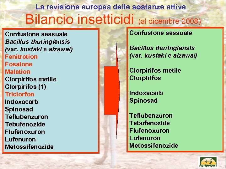 La revisione europea delle sostanze attive Bilancio insetticidi (al dicembre 2008) Confusione sessuale Bacillus