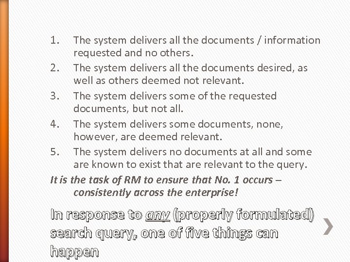 1. The system delivers all the documents / information requested and no others. 2.