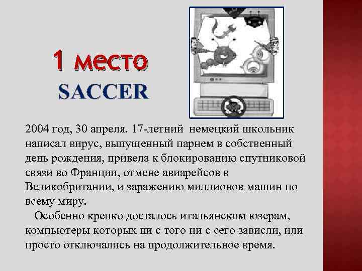 1 место SACCER 2004 год, 30 апреля. 17 -летний немецкий школьник написал вирус, выпущенный