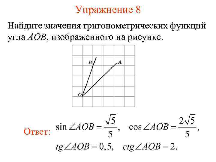 Упражнение 8 Найдите значения тригонометрических функций угла AOB, изображенного на рисунке. Ответ: 