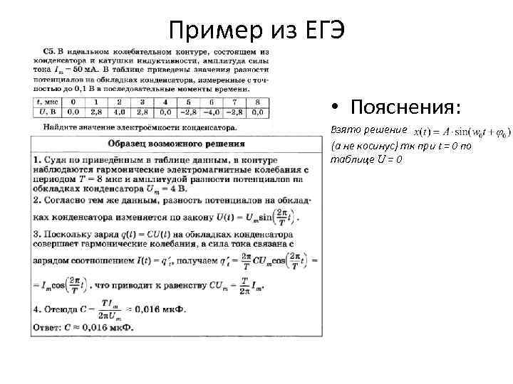 Пример из ЕГЭ • Пояснения: Взято решение (а не косинус) тк при t =