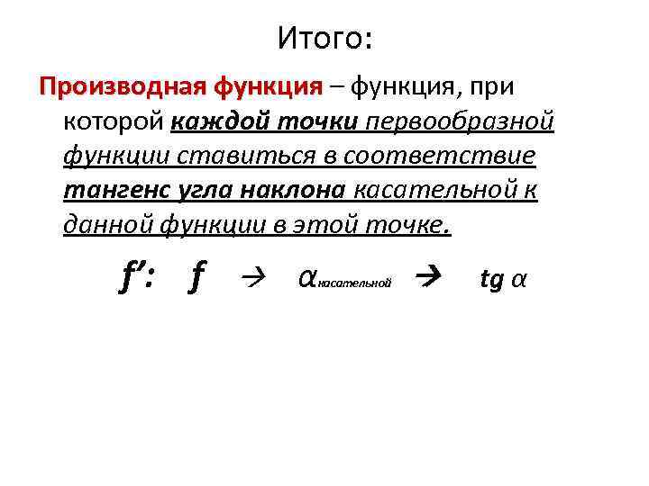 Итого: Производная функция – функция, при Производная функция которой каждой точки первообразной функции ставиться