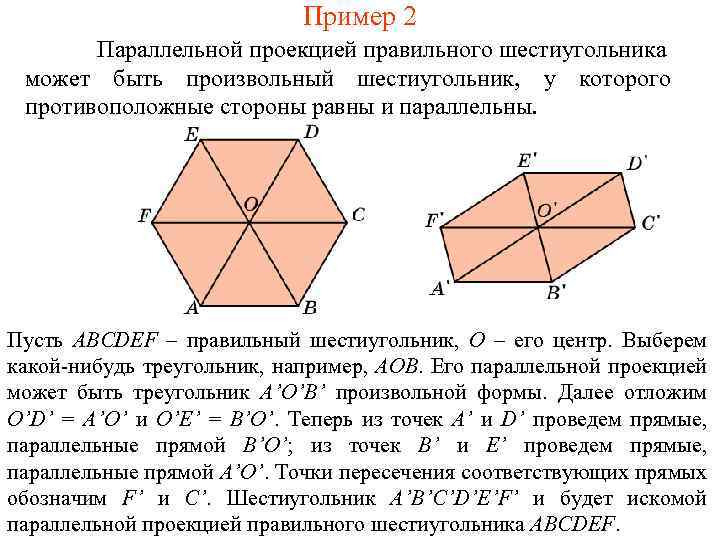 Пример 2 Параллельной проекцией правильного шестиугольника может быть произвольный шестиугольник, у которого противоположные стороны