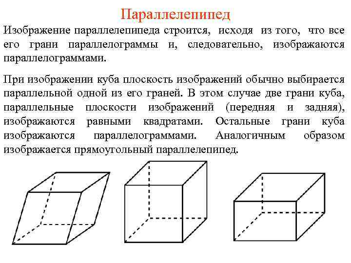 Параллелепипед Изображение параллелепипеда строится, исходя из того, что все его грани параллелограммы и, следовательно,