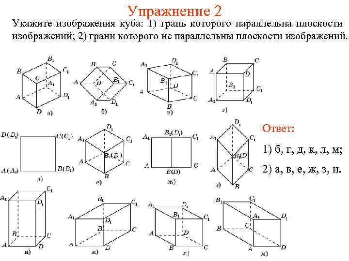 Упражнение 2 Укажите изображения куба: 1) грань которого параллельна плоскости изображений; 2) грани которого