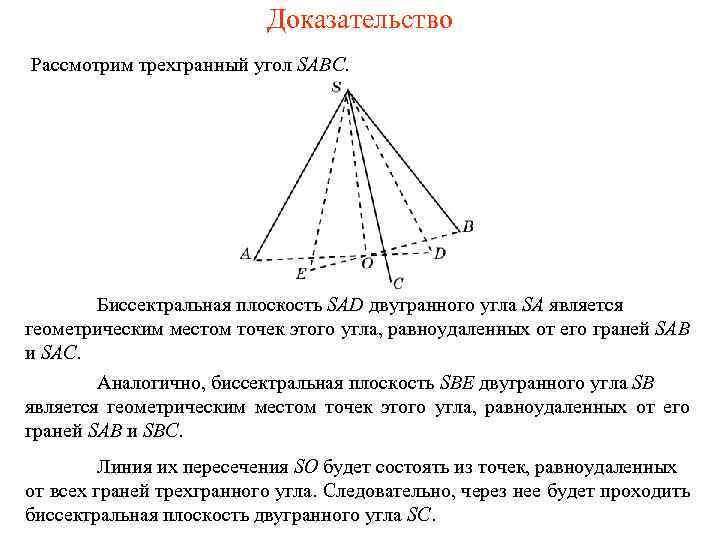 Доказательство Рассмотрим трехгранный угол SABC. Биссектральная плоскость SAD двугранного угла SA является геометрическим местом