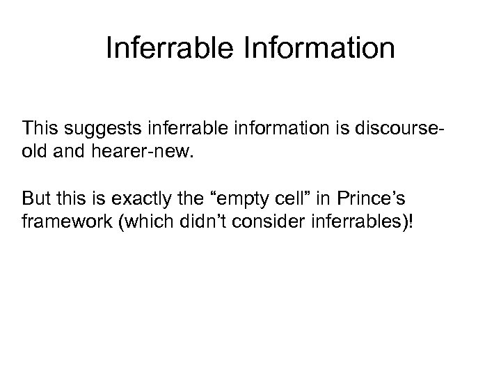 Inferrable Information This suggests inferrable information is discourseold and hearer-new. But this is exactly