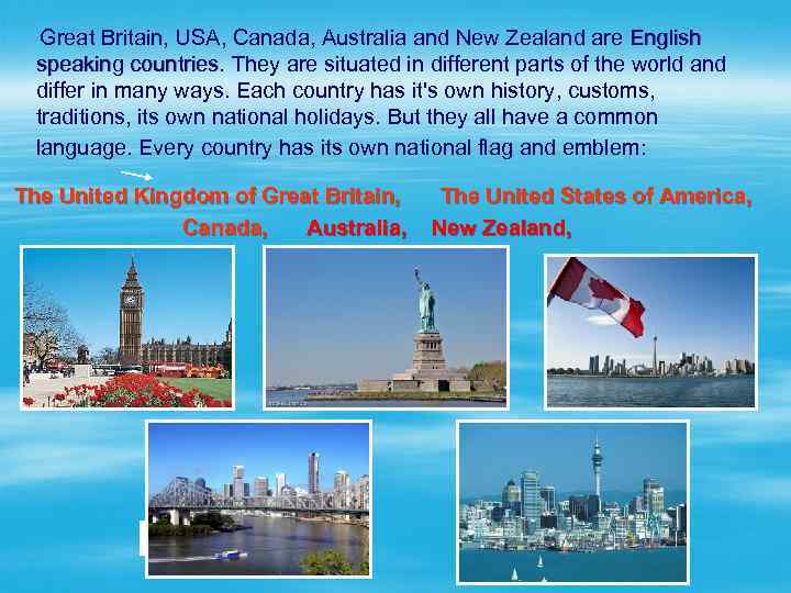 Great Britain, USA, Canada, Australia and New Zealand are English speaking countries. They are