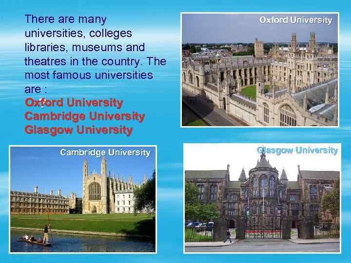 There are many universities, colleges libraries, museums and theatres in the country. The most