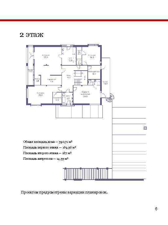 2 этаж Общая площадь дома — 390, 71 м² Площадь первого этажа — 189,