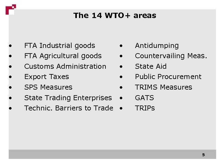 The 14 WTO+ areas • FTA Industrial goods • FTA Agricultural goods • Customs