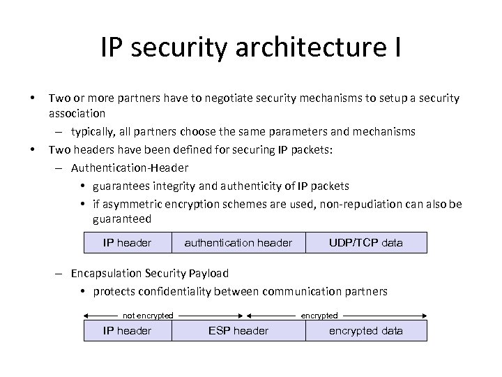 IP security architecture I • • Two or more partners have to negotiate security