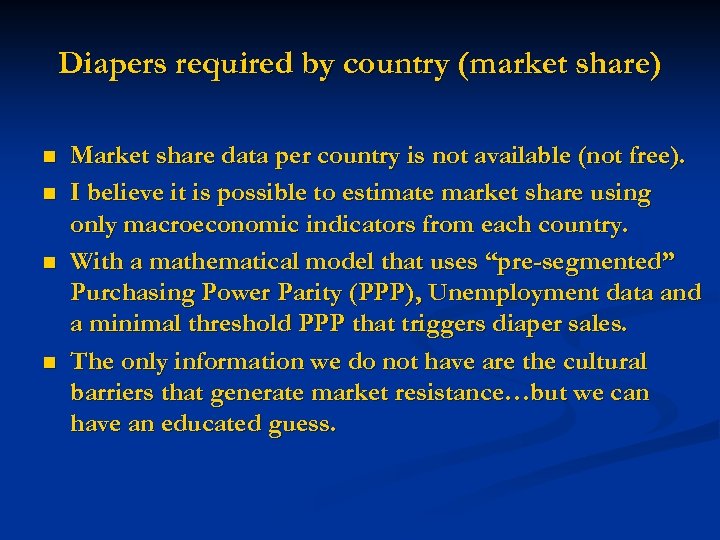 Diapers required by country (market share) n n Market share data per country is