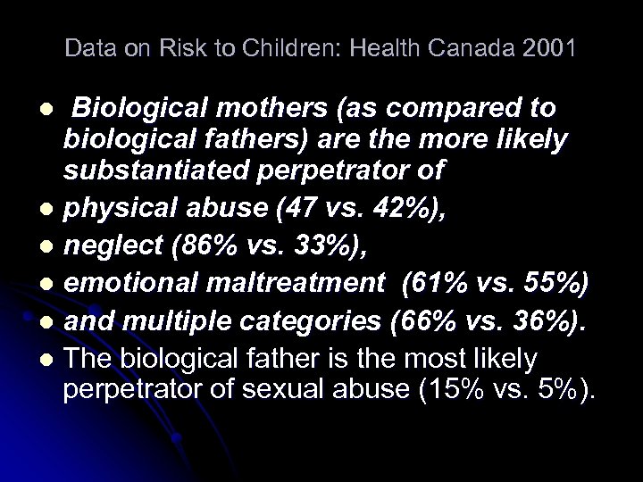 Data on Risk to Children: Health Canada 2001 Biological mothers (as compared to biological
