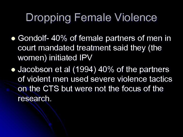 Dropping Female Violence Gondolf- 40% of female partners of men in court mandated treatment