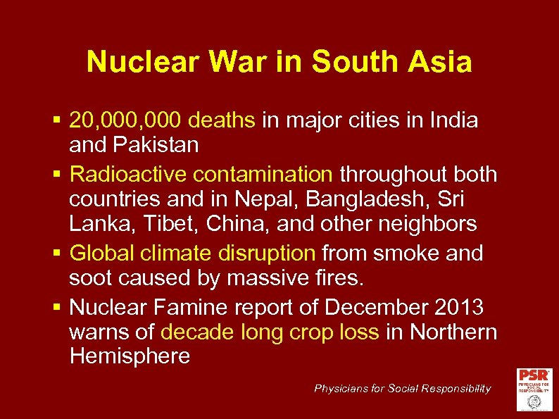 Nuclear War in South Asia 20, 000 deaths in major cities in India and