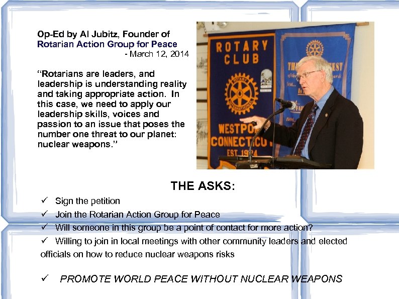 Op-Ed by Al Jubitz, Founder of Rotarian Action Group for Peace - March 12,