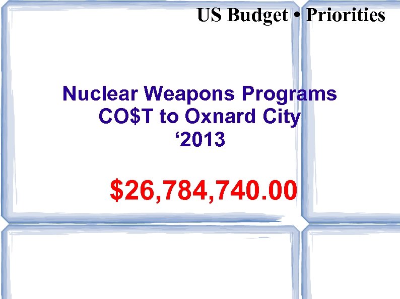US Budget • Priorities Nuclear Weapons Programs CO$T to Oxnard City ‘ 2013 $26,
