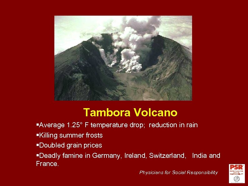 Tambora Volcano Average 1. 25° F temperature drop; reduction in rain Killing summer frosts