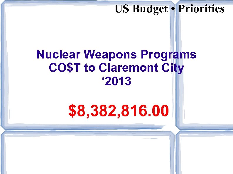 US Budget • Priorities Nuclear Weapons Programs CO$T to Claremont City ‘ 2013 $8,