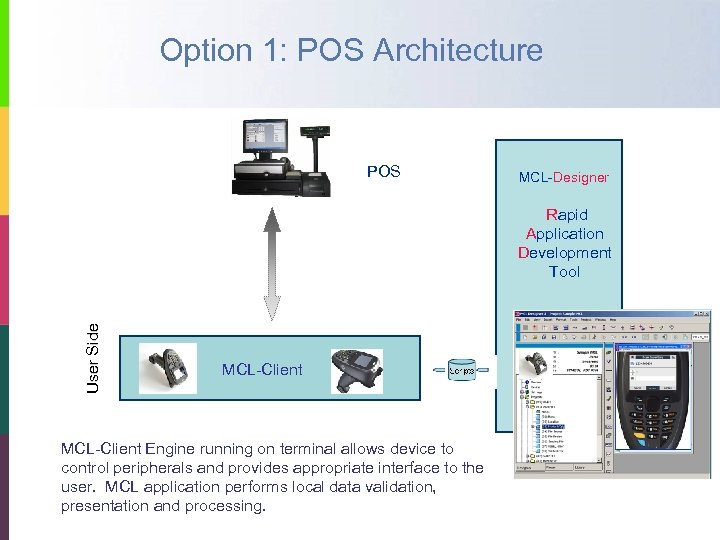 Option 1: POS Architecture POS MCL-Designer User Side Rapid Application Development Tool MCL-Client Engine